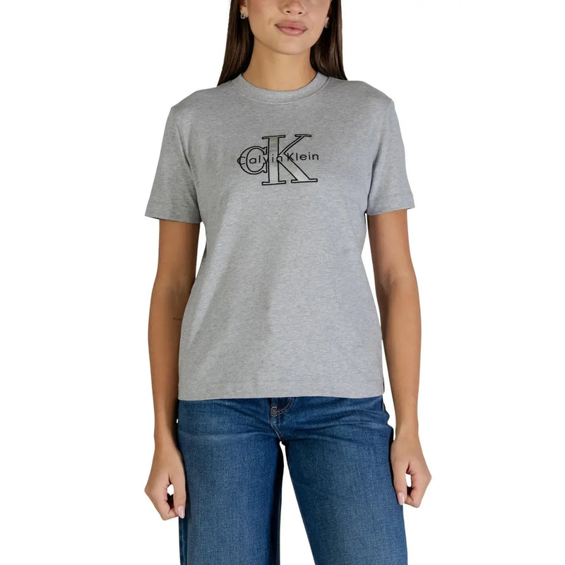 Calvin Klein Jeans women grey cotton t-shirt with black outlined ck logo and brand name printed on the chest