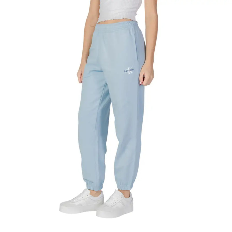 Light blue Calvin Klein Jeans women cotton joggers with subtle embroidered logo on the thigh