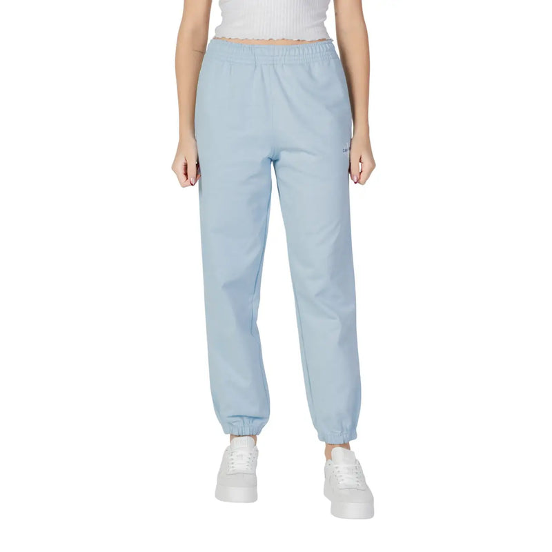 Calvin Klein Jeans women light blue cotton joggers with elastic cuffs and subtle logo on the thigh