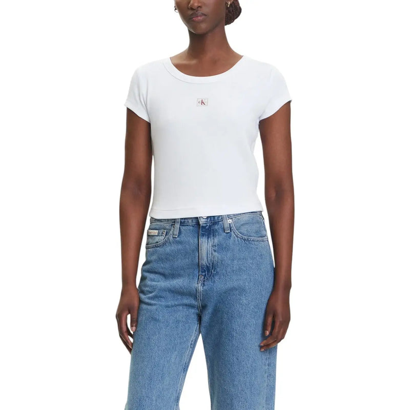 White crew-neck short-sleeve crop top from Calvin Klein Jeans Women Light Blue T shirt