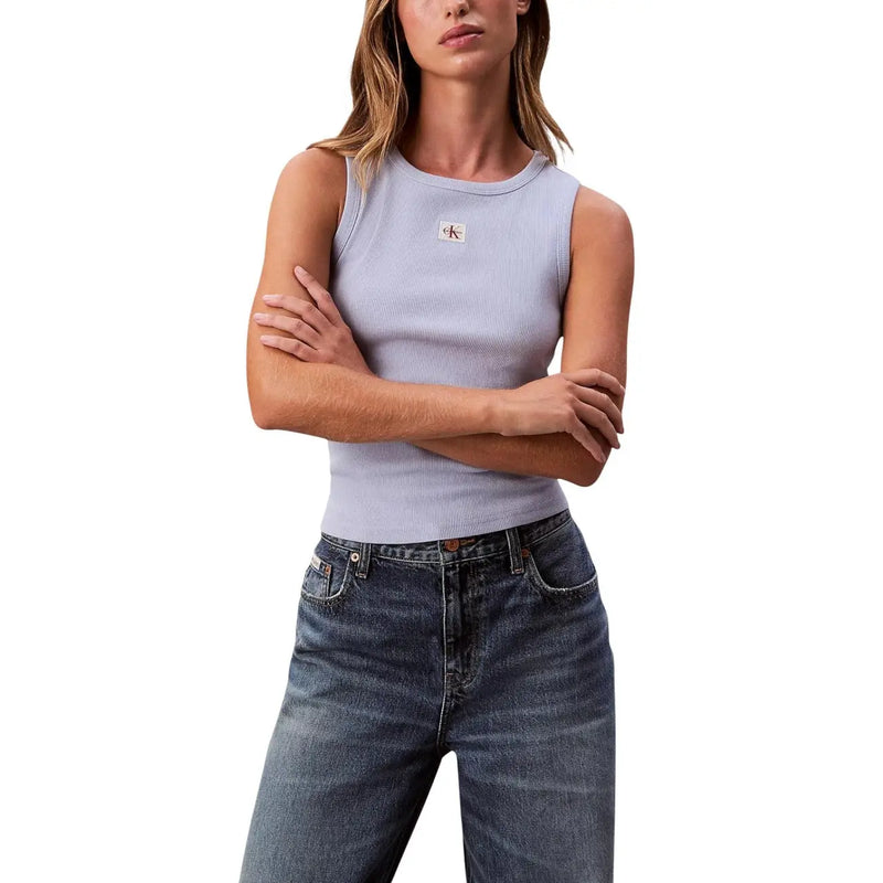Calvin Klein Jeans Débardeur côtelé bleu clair pour femme top avec un col rond et un petit écusson logo sur la poitrine