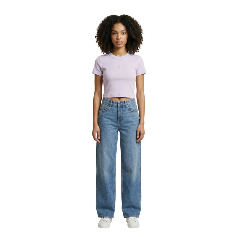 Calvin klein jeans women lilac cotton cropped t shirt with round neck and small embroidered logo on the chest