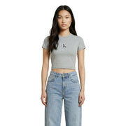 Gray cotton cropped short-sleeve t shirt with small black Calvin Klein logo on chest for women by Calvin Klein Jeans