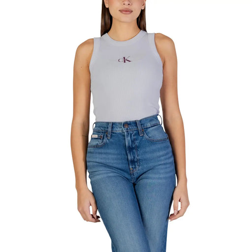 Débardeur en coton gris clair sans manches top avec de petites broderies Calvin Klein logo sur la poitrine pour femmes par Calvin Klein Jeans
