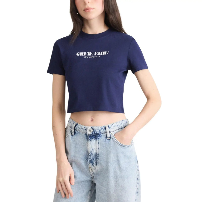 Navy blue Calvin Klein cotton cropped t-shirt with white logo across the chest for casual wear