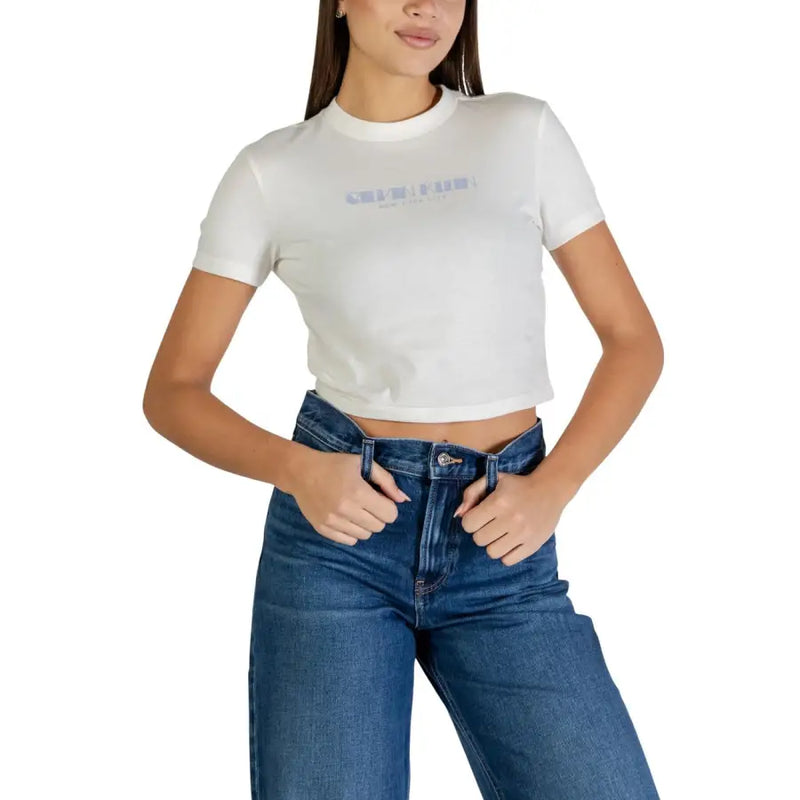 Calvin Klein Jeans coton imprimé lilas pour femme t-shirt avec un logo bleu clair