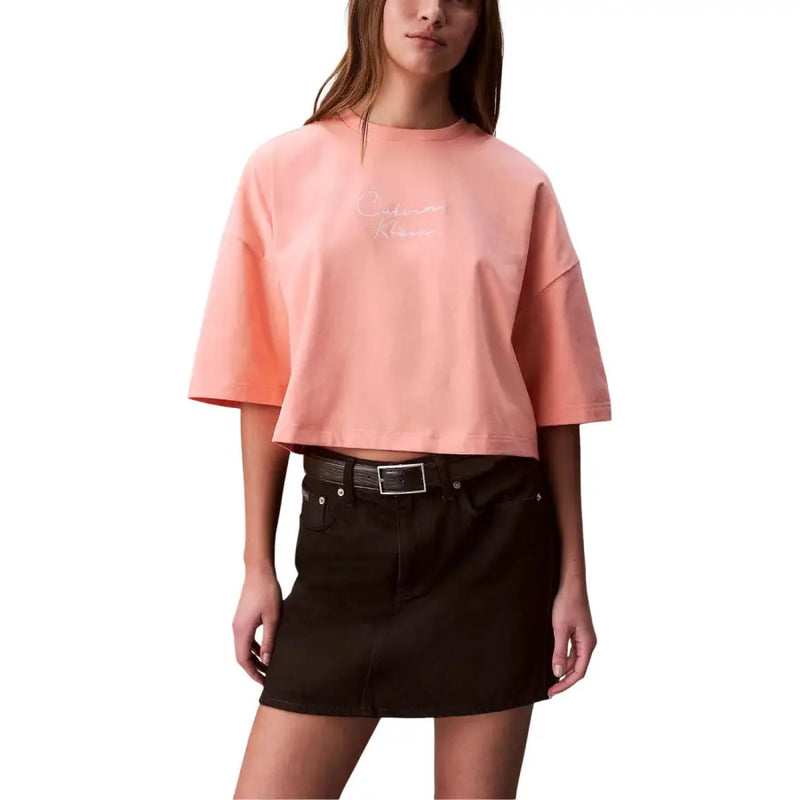 Calvin Klein Jeans short court en coton orange pour femme t-shirt avec logo brodé