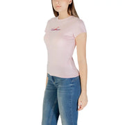 A soft pink Calvin Klein Jeans women short sleeve t-shirt with subtle embroidered logo on the chest
