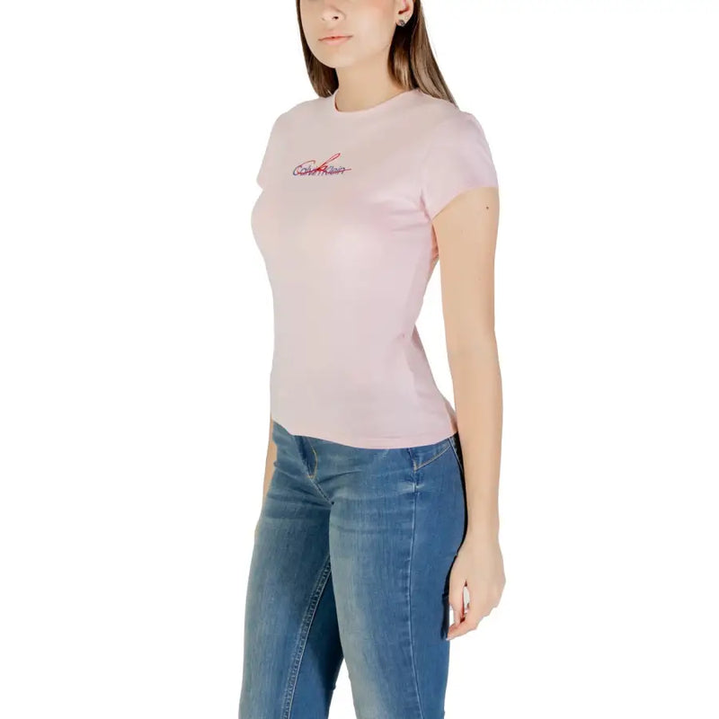 A soft pink Calvin Klein Jeans women short sleeve t-shirt with subtle embroidered logo on the chest