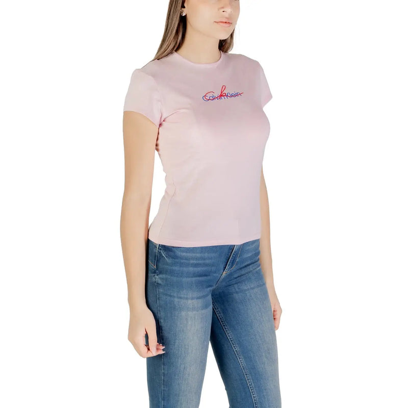 A soft pink Calvin Klein Jeans women short sleeve t-shirt with subtle embroidered logo on the chest