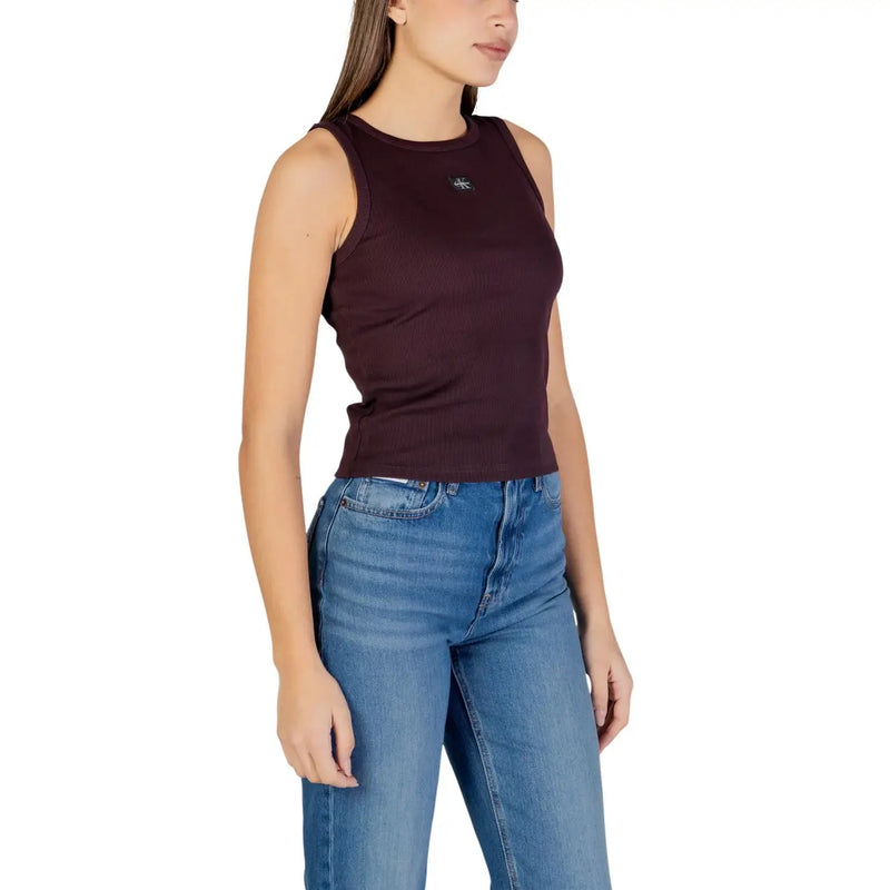 Calvin Klein Jeans femme sans manches marron top en coton élasthanne de couleur bordeaux foncé et logo brodé discret