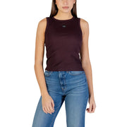 Calvin Klein Jeans femmes sans manches top en coton côtelé élasthanne bordeaux foncé avec petit logo sur la poitrine