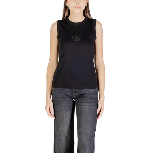 Débardeur en coton noir sans manches Calvin Klein Jeans pour femme top avec un col rond et un logo brodé discret sur la poitrine