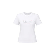 Calvin Klein Jeans T-shirt court classique en coton blanc pour femme, orné d'un discret logo rose et argenté imprimé sur la poitrine.