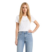 Calvin Klein Jeans T-shirt court classique en coton blanc pour femme, orné d'un discret logo rose et gris imprimé sur le devant.