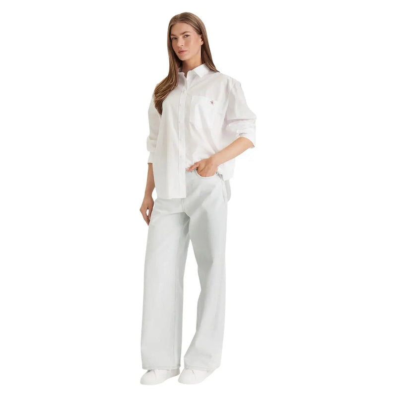 Calvin Klein Jeans women white cotton long classic shirt with subtle embroidered logo on the chest