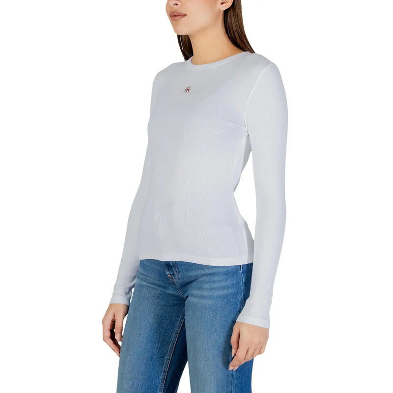 Calvin Klein Jeans pull côtelé blanc en coton à manches longues pour femme top avec un petit logo brodé sur la poitrine