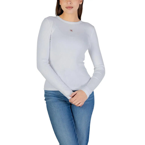 White cotton long-sleeved ribbed knit top with small embroidered logo on chest by Calvin Klein Jeans Women