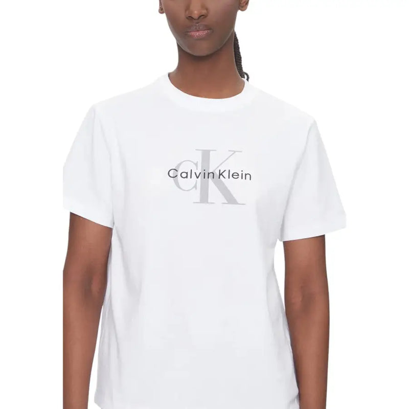 Calvin Klein Jeans women white cotton round neck short sleeve t shirt with subtle gray CK logo on chest