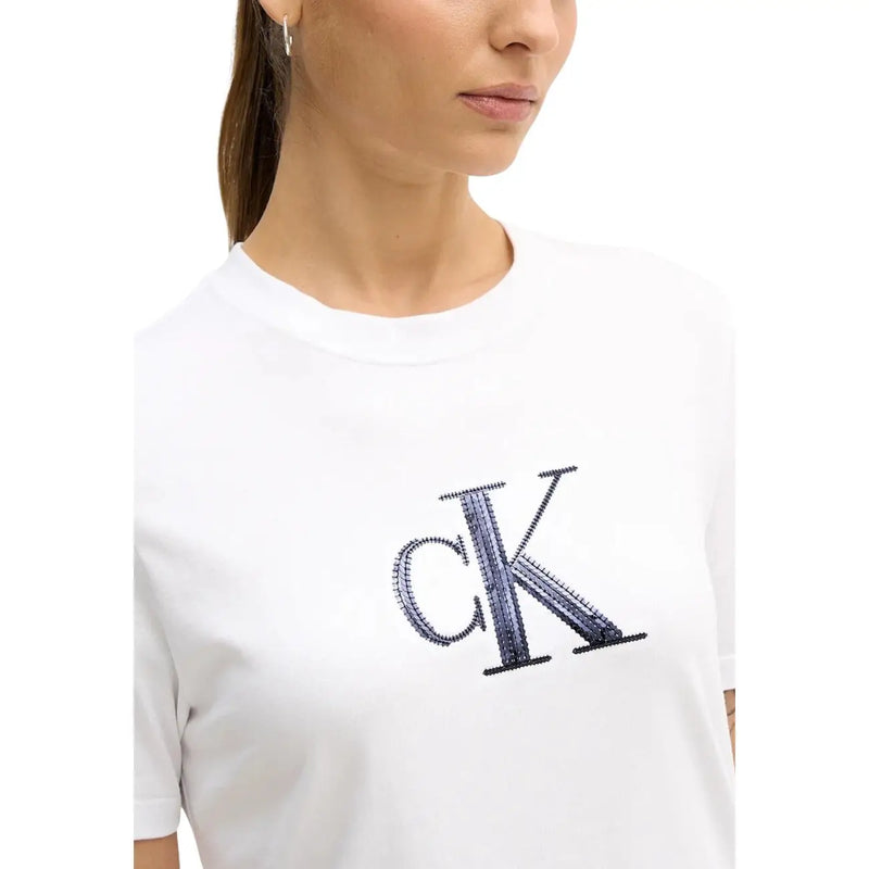 Calvin Klein Jeans women white cotton round neck t shirt with bold dark blue embroidered ck logo on front