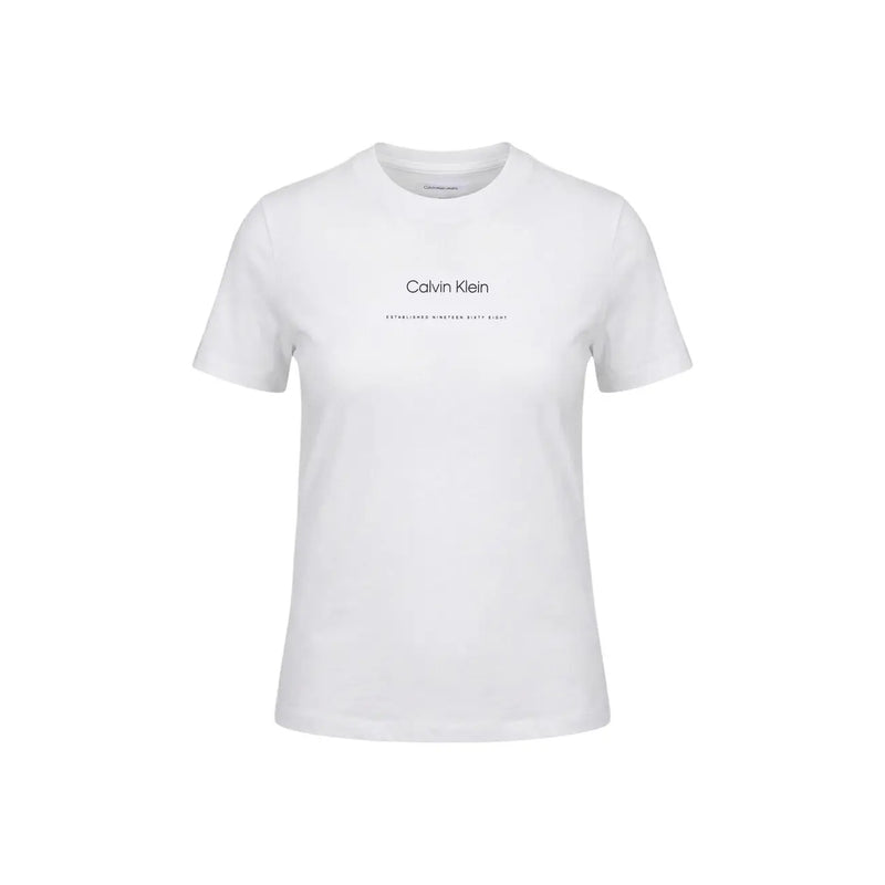 Calvin Klein Jeans T-shirt blanc en coton pour femme, col rond, avec logo et texte noirs imprimés sur la poitrine