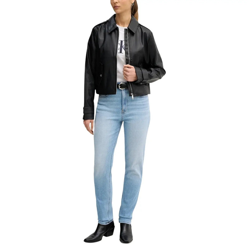 Black faux leather jacket with classic collar and front zipper paired with calvin klein jeans women white cotton t shirt