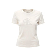 couleur crème Calvin Klein Jeans T-shirt blanc en coton pour femme, col rond, avec logo CK ton sur ton sur la poitrine