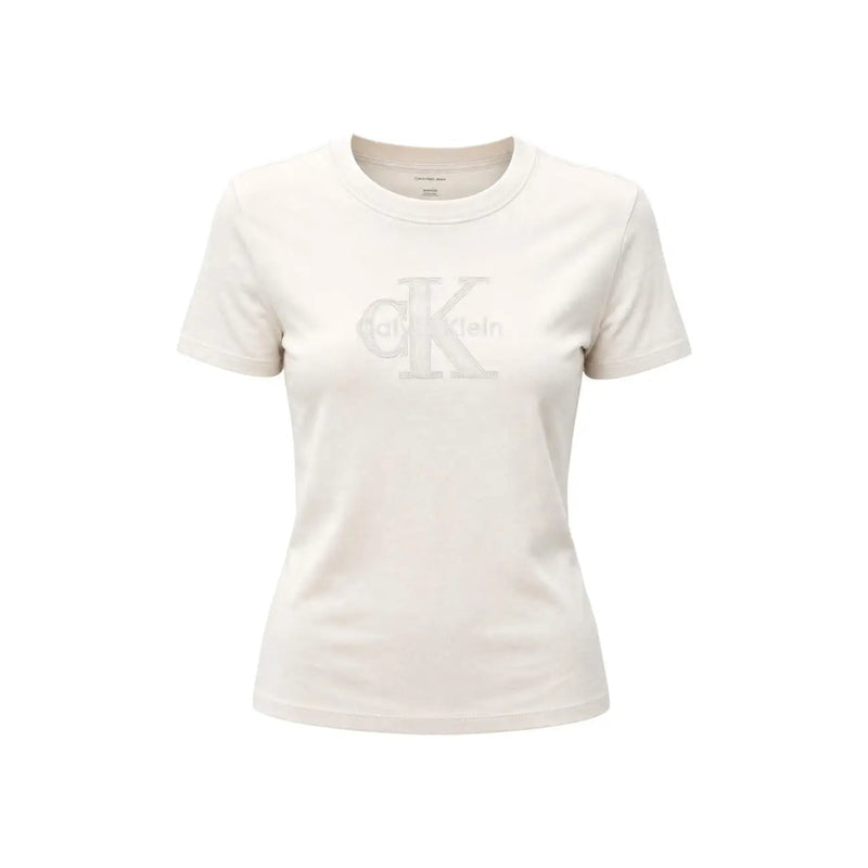 couleur crème Calvin Klein Jeans T-shirt blanc en coton pour femme, col rond, avec logo CK ton sur ton sur la poitrine