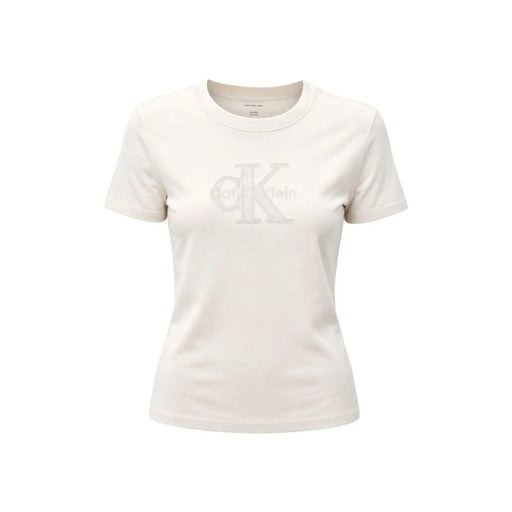 Cream-colored Calvin Klein Jeans women white cotton round neck t shirt with tonal CK logo across the chest