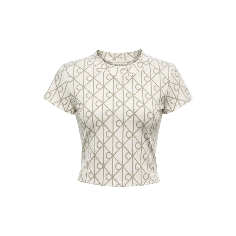 Calvin Klein Jeans T-shirt court en coton blanc pour femme, col rond, coloris crème, orné d'un logo gris entrelacé.