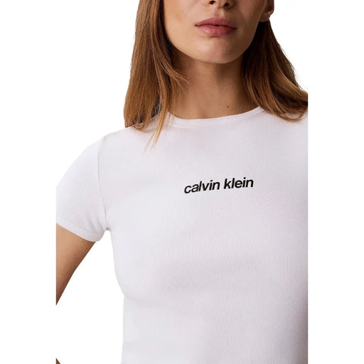 White ribbed cotton short sleeve calvin klein jeans t shirt with black logo embroidery and round neck for women