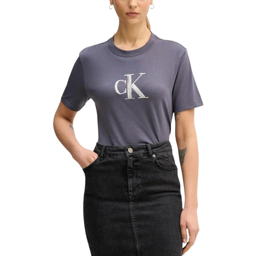 Calvin Klein jeans women dark gray cotton t shirt with white embroidered ck logo on the chest and round neck