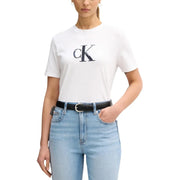Calvin Klein Jeans women white cotton round neck t shirt with bold black ck logo on the chest