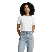 Calvin Klein Jeans T-shirt blanc en coton pour femme, col rond, avec logo minimaliste imprimé sur la poitrine