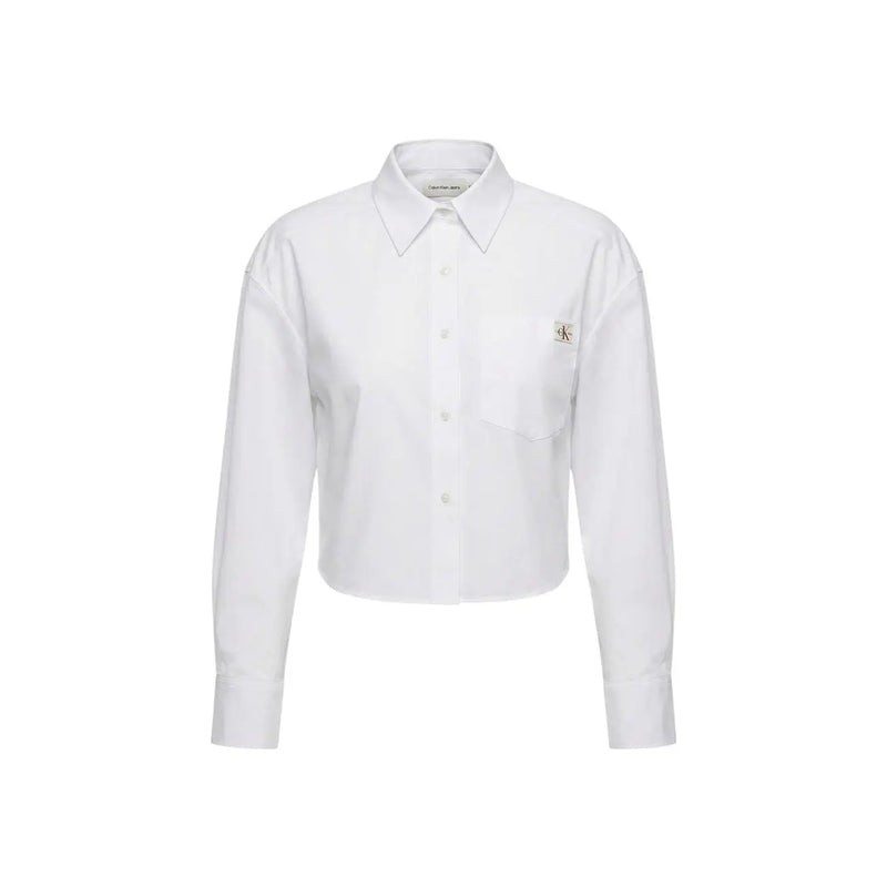 White calvin klein jeans women cotton long-sleeved button-up shirt with cropped hem and subtle logo patch