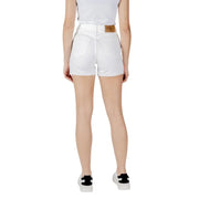 Calvin klein jeans women white high-waisted cotton denim shorts with frayed hem and brown leather brand patch back view