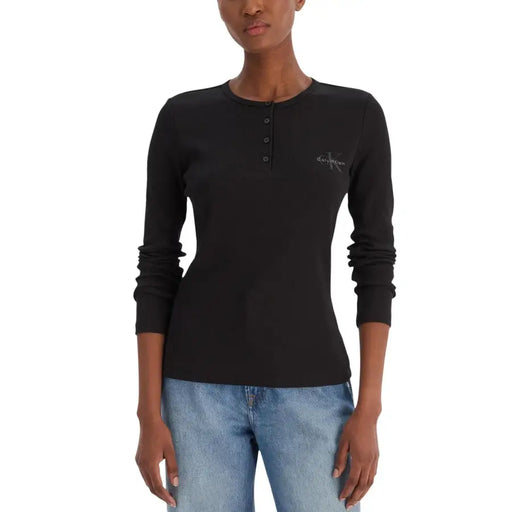 Calvin Klein henley noir à manches longues top avec patte de boutonnage et logo