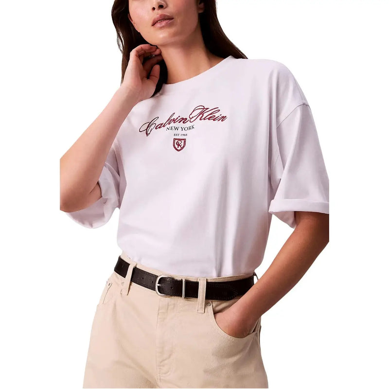 Calvin Klein Jeans women white round neck short t shirt with maroon script logo and shield emblem