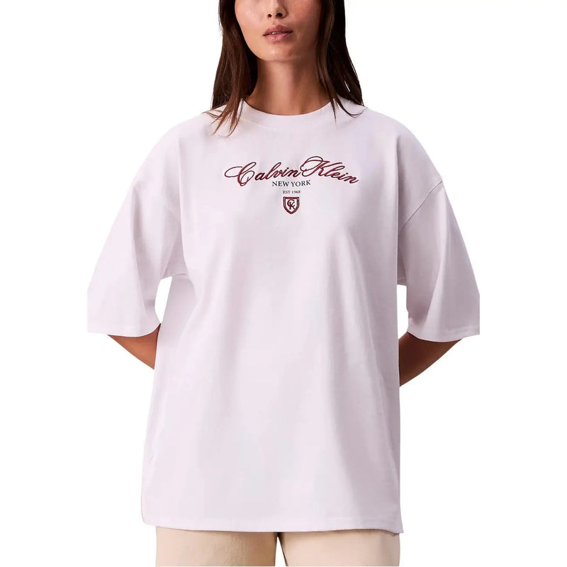 Calvin Klein Jeans women white oversized cotton t shirt with maroon script logo and crest on front