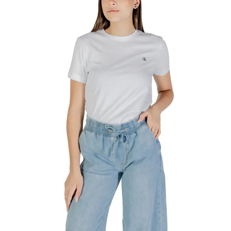 Calvin Klein Jeans women white short sleeve round neck t shirt with small embroidered logo on left chest
