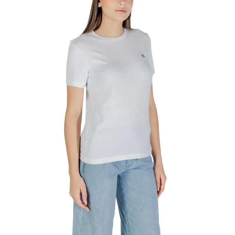 White Calvin Klein Jeans women short sleeve round neck t shirt with subtle embroidered logo on left chest