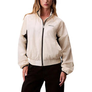 Calvin Klein Jeans women white turtleneck blazer with cream nylon bomber jacket featuring black trim and embroidered logo