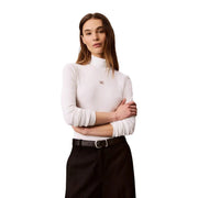 Pull à col roulé en maille de coton blanc à manches longues top avec de petites broderies Calvin Klein Jeans logo sur la poitrine