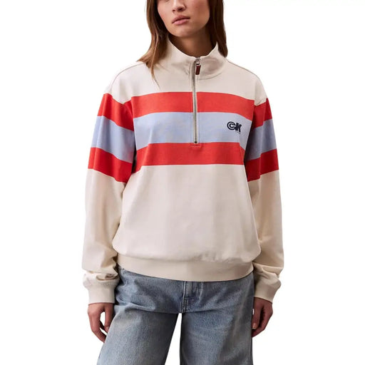 Calvin Klein Jeans womens cream quarter-zip sweatshirt with red and blue stripes