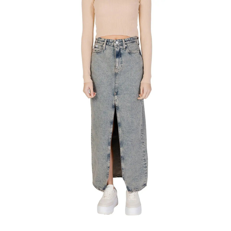 Calvin Klein Jeans women’s light gray high-waisted denim maxi skirt with front slit and five-pocket design 100% cotton