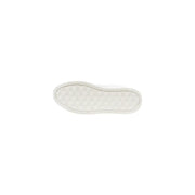 White rubber sole with diamond-patterned tread and smooth edge on calvin klein jeans womens silver leather sneakers
