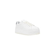 Calvin Klein Jeans women’s white leather platform sneaker with sleek minimalist design and subtle silver heel accent