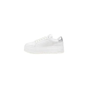 Calvin klein jeans women’s silver leather sneakers with white platform and subtle metallic silver accents on the heel tab