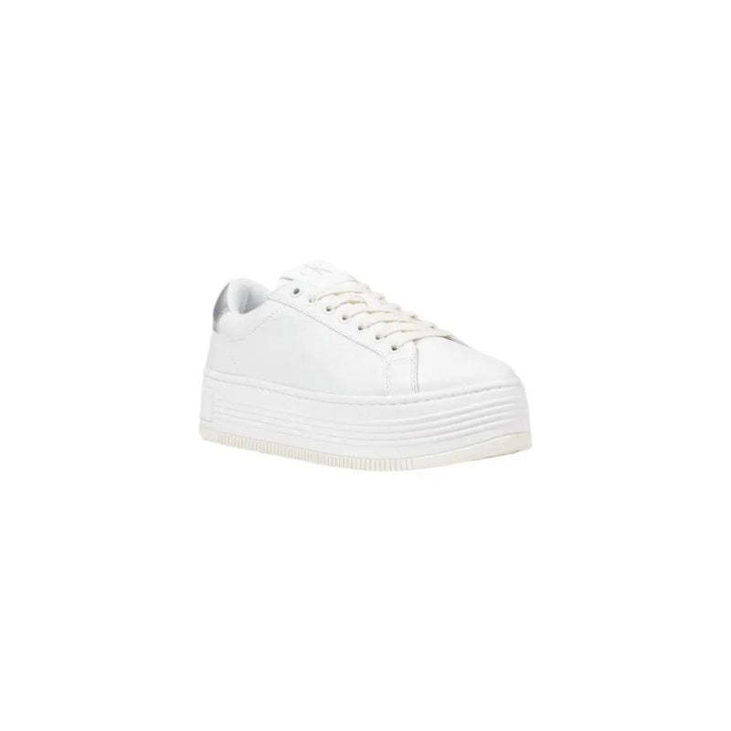 Calvin Klein Jeans women’s white leather platform sneaker with sleek minimalist design and subtle silver heel accent