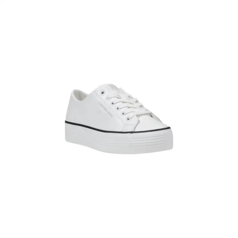 Calvin Klein Jeans women’s white leather platform sneaker with black trim and sleek minimalist design